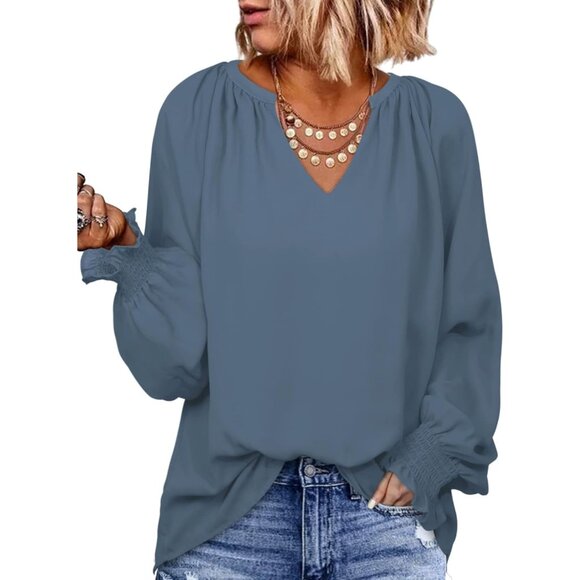 Womens Blue Stylish, Elegant Smocked Long Sleeve V Neck Casual Chiffon Shirt Top - Picture 1 of 4